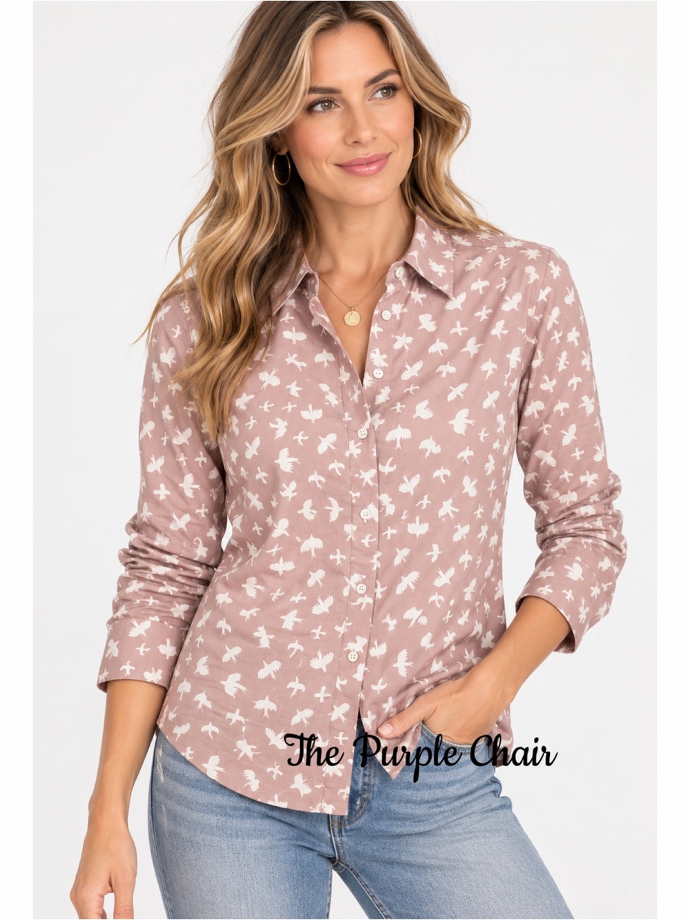 BODEN Dusty Rose Bird Print Long Sleeve Button Down Modern Classic Shirt 6P